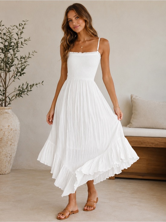 Angie Dresses & Skirts - Angie White Smocked Bodice Ruffle-Hem Midi Dress Suze Small